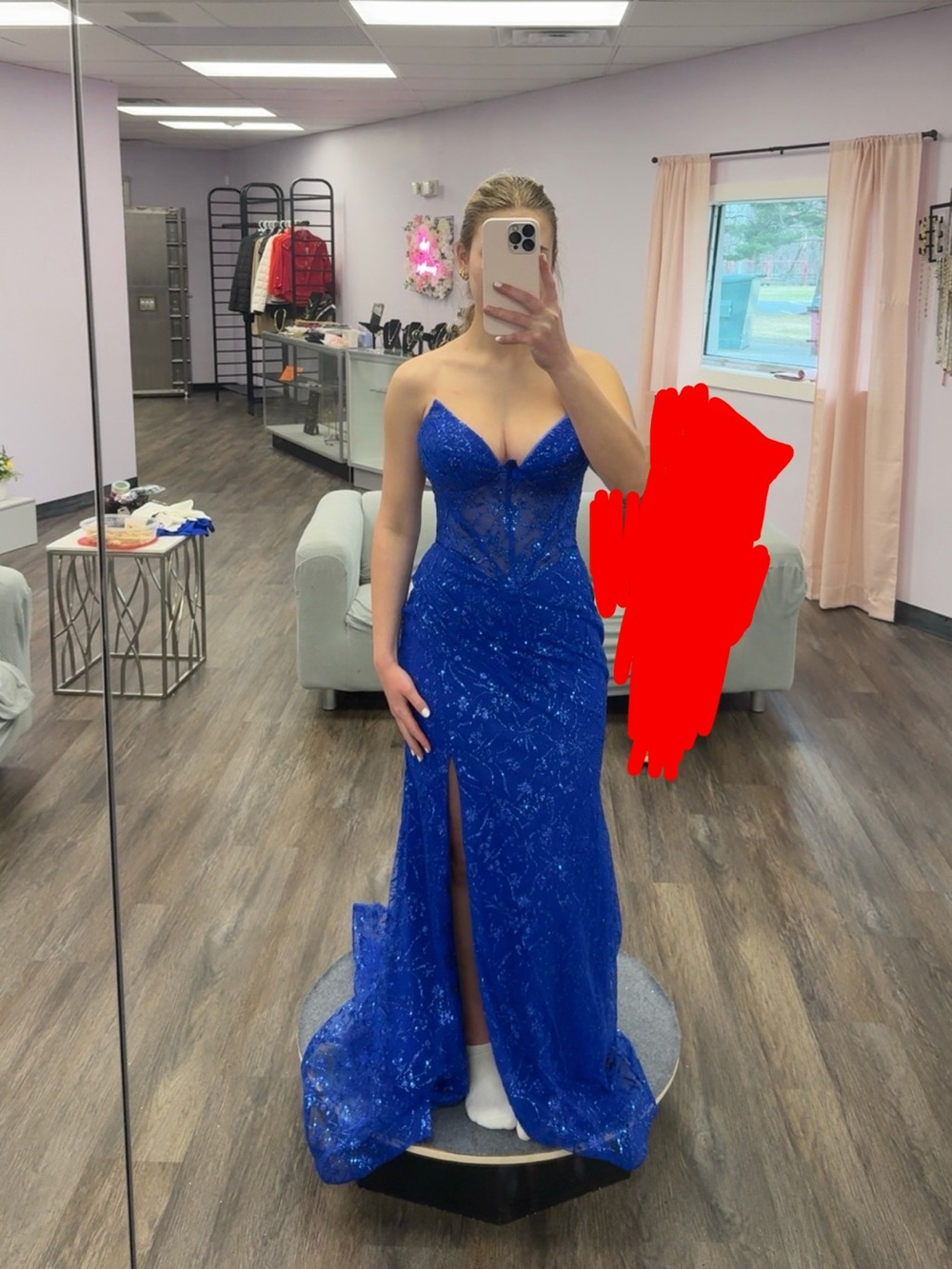 Strapless Royal Blue Beaded Prom Gown with Front Slit